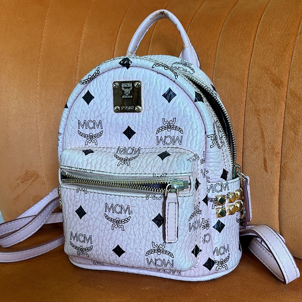 MCM Pink X-Mini Stark Bebe Boo Side Studs Backpack In Visetos